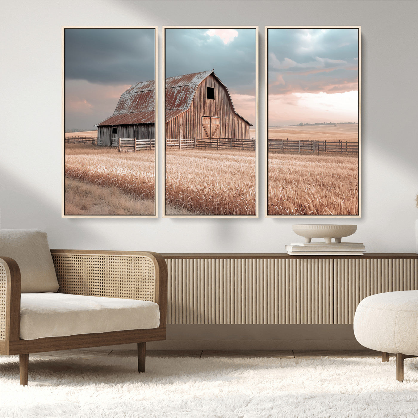 MGV-FC-48X32-3P - Rustic Barn Wall Art Canvas Print, Framed Wheat Field Art Picture Print, Sunset Barn Perfect Vintage Farmhouse Decor Artwork