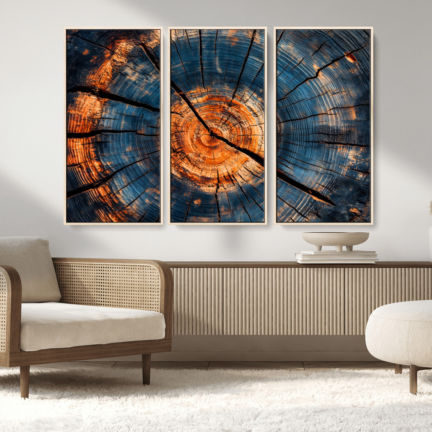 MGV-FC-48X32-3P - Burnt Wood Wall Art Canvas Print, Framed Aged Timber Art Picture Print, Rustic Tree Slice Perfect Rustic Decor Artwork