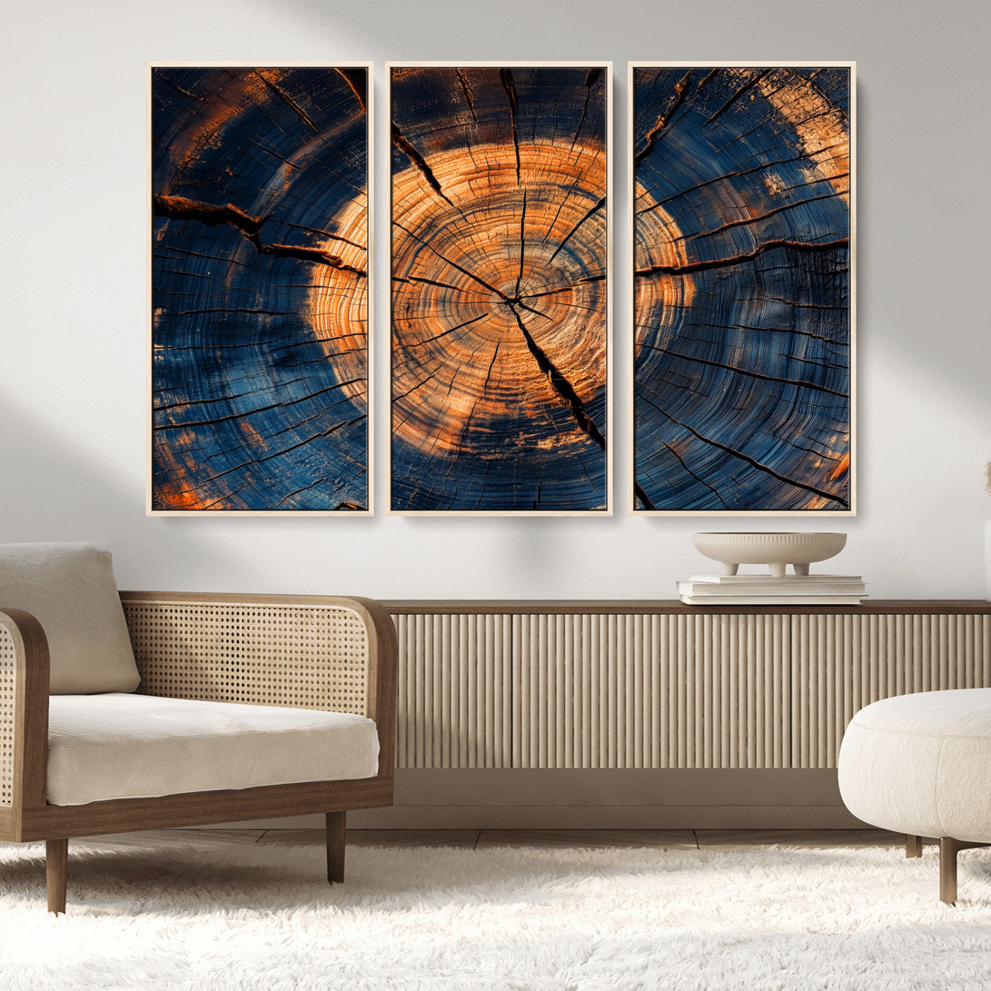 MGV-FC-48X32-3P - Burnt Wood Wall Art Canvas Print, Framed Aged Timber Art Picture Print, Rustic Tree Slice Perfect Rustic Decor Artwork