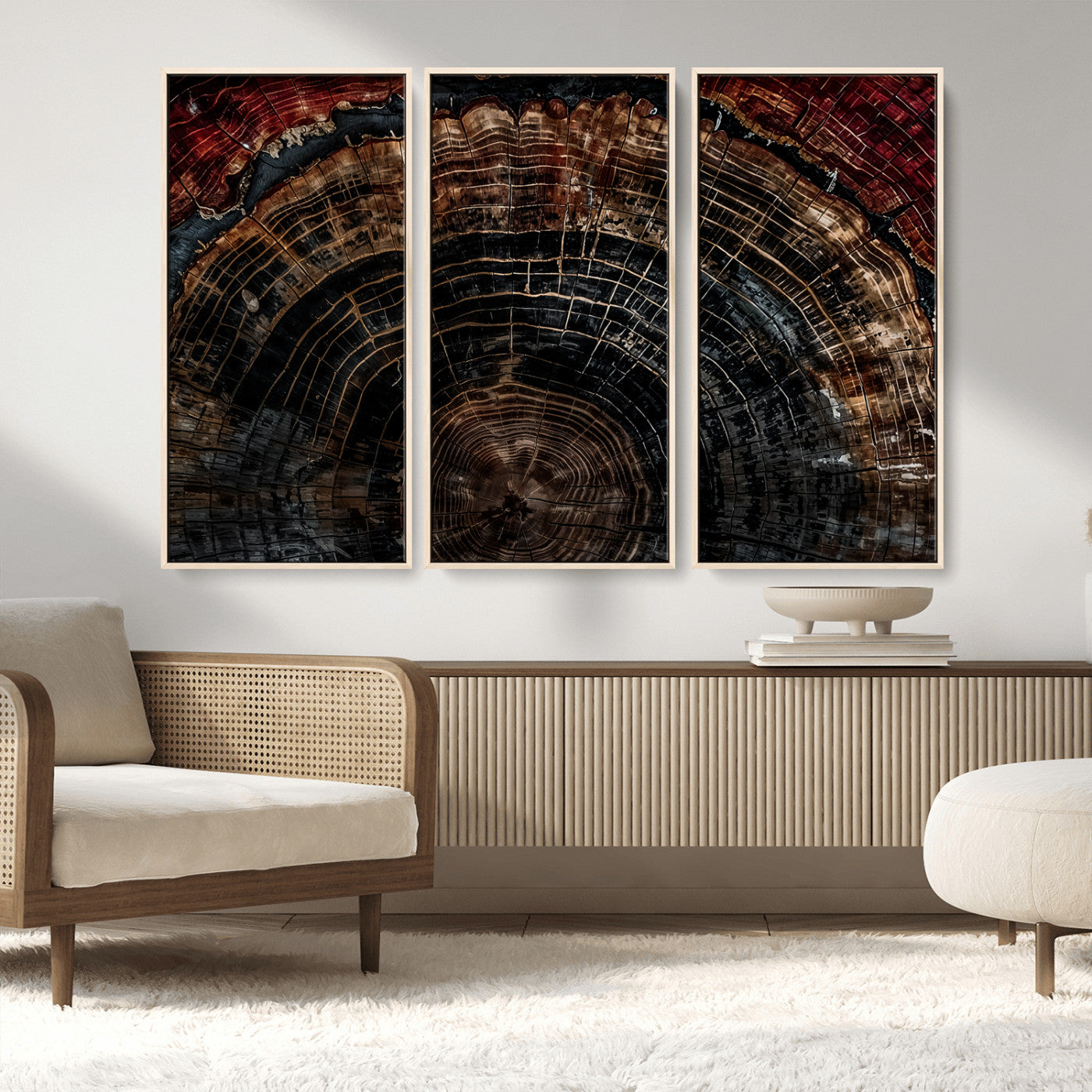 MGV-FC-48X32-3P - Dark Wood Ring Wall Art Canvas Print, Framed Abstract Wood Tree Art Picture Print, Rustic Tree Slice Perfect Rustic Decor Artwork