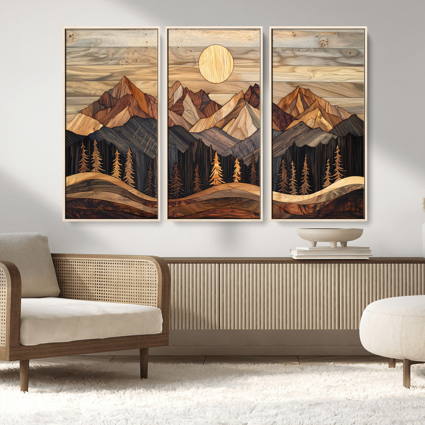 MGV-FC-48X32-3P - Wood Mountain Wall Art Canvas Print, Framed Boho Wood Art Picture Print, Abstract Woodland Perfect Farmhouse Decor Artwork