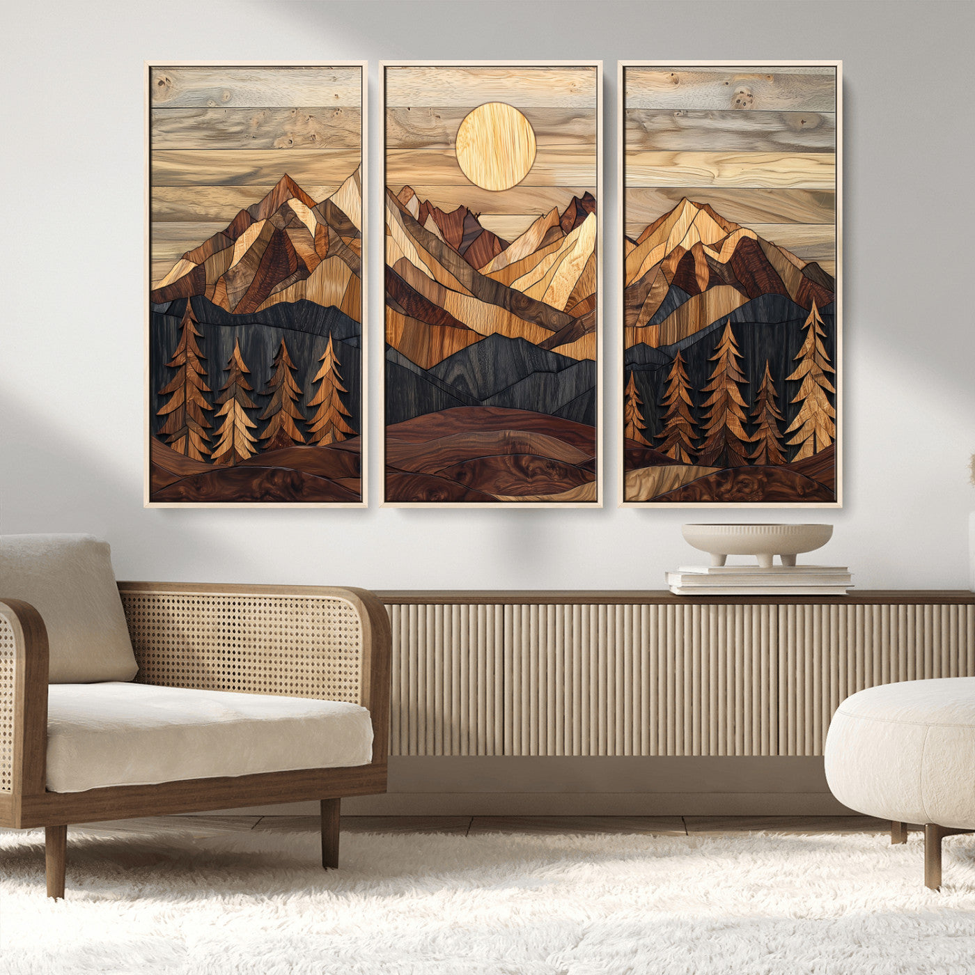 MGV-FC-48X32-3P - Wood Mountain Landscape Wall Art Canvas Print, Framed Sunset Hills Art Picture Print, Abstract Nature Perfect Boho Decor Artwork