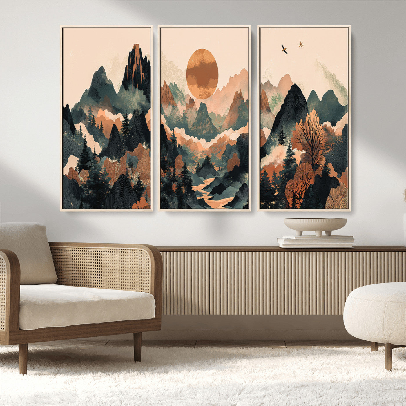 MGV-FC-48X32-3P - Wood Mountain Landscape Wall Art Canvas Print, Framed Sunset Hills Art Picture Print, Abstract Nature Perfect Boho Decor Artwork