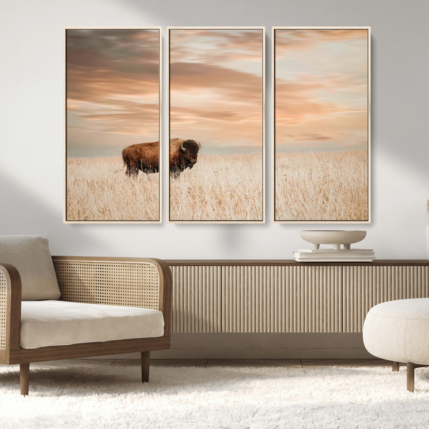 MGV-FC-48X32-3P - Bison Wall Art Canvas Print, Framed Buffalo Art Picture Print, Western Prairie Perfect Rustic Decor Artwork