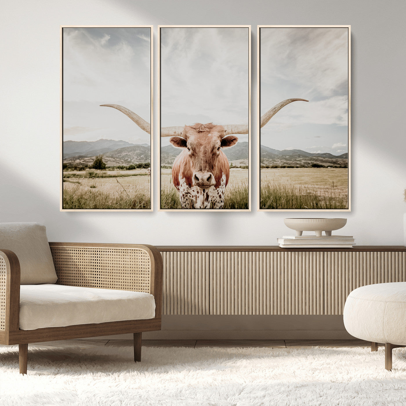 MGV-FC-48X32-3P - Texas Longhorn Wall Art Canvas Print, Framed Western Cow Art Picture Print, Rustic Farmhouse Perfect Farmhouse Decor Artwork