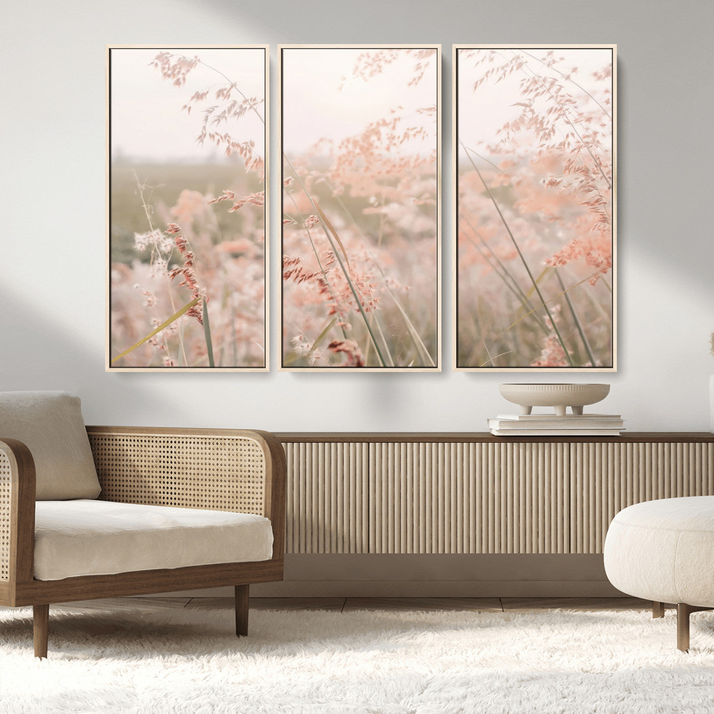MGV-FC-48X32-3P - Pastel Grasses Wall Art Canvas Print, Framed Soft Meadow Art Picture Print, Field in Breeze Perfect Soft Pastel Minimal Decor Artwork