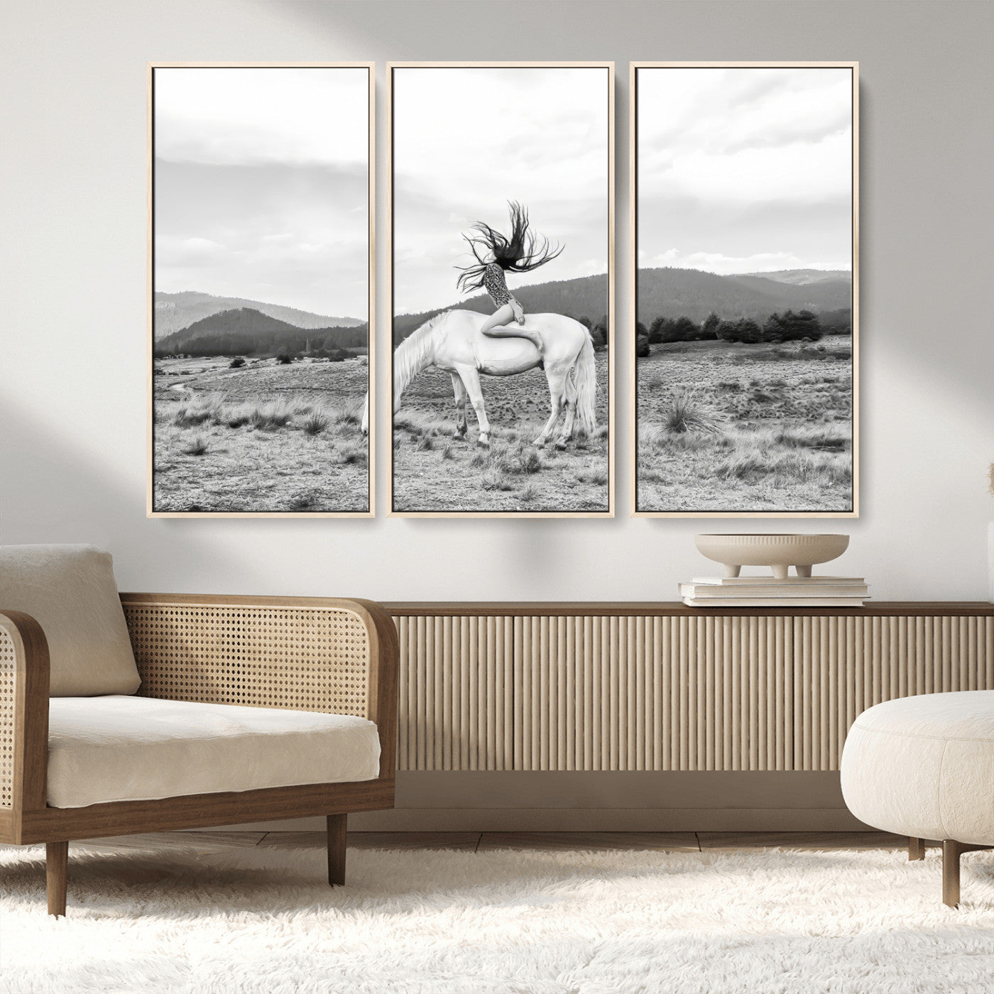 MGV-FC-48X32-3P - White Horse Wall Art Canvas Print, Framed Woman Rider Art Picture Print, Equestrian Pose Perfect Western Boho Decor Artwork