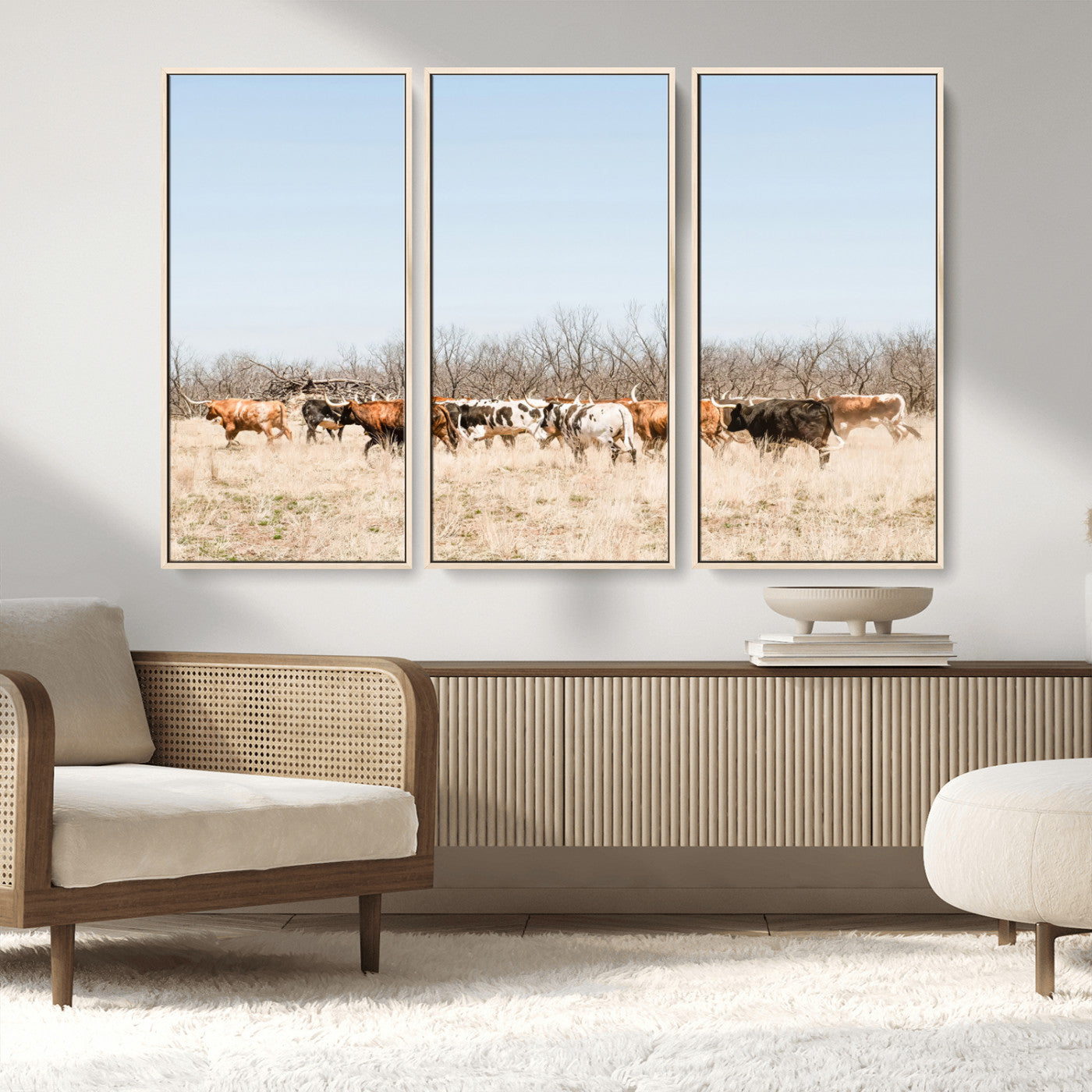 MGV-FC-48X32-3P - Texas Longhorns Wall Art Canvas Print, Framed Western Cattles Art Picture Print, Rustic Herd Perfect Rustic Farmhouse Decor Artwork