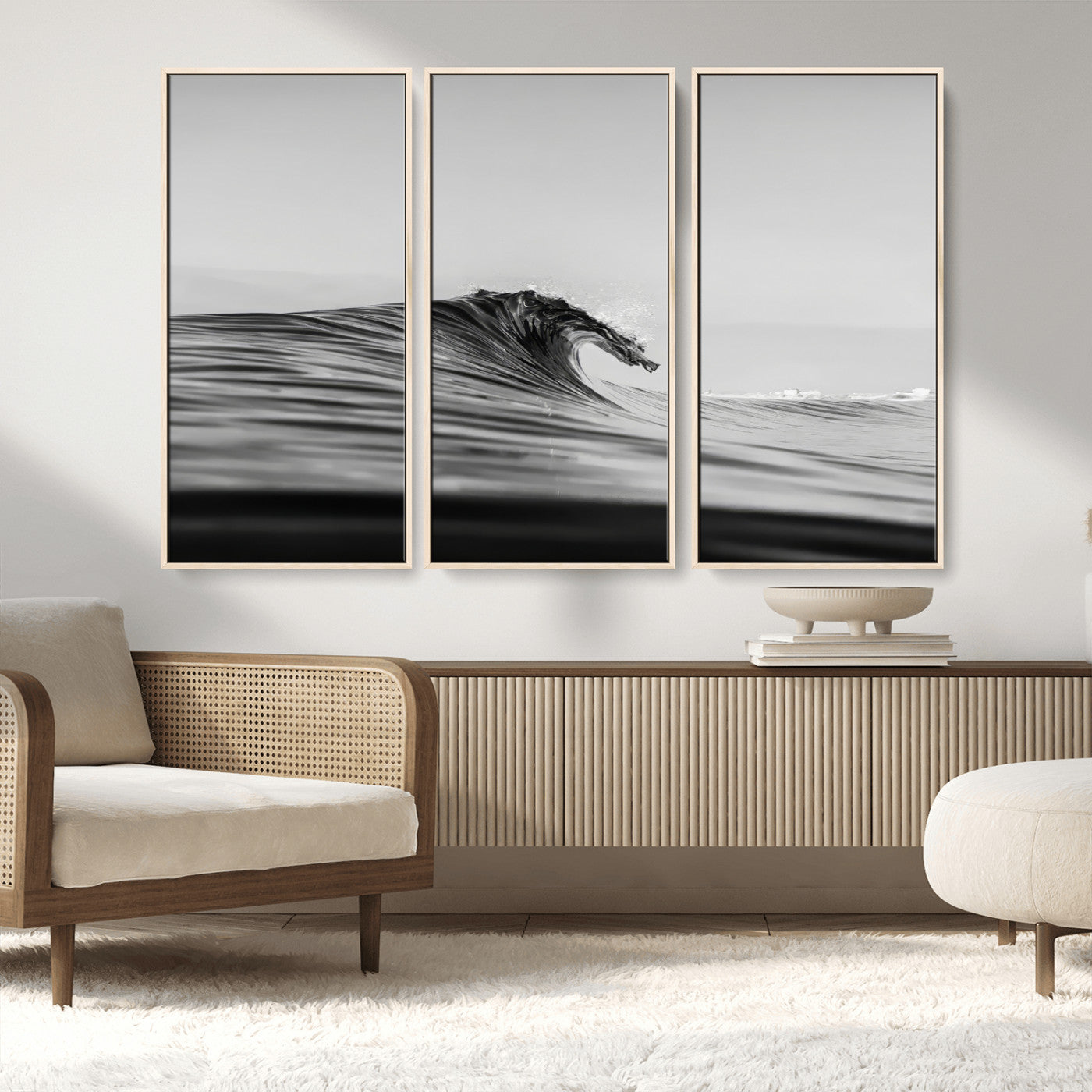 MGV-FC-48X32-3P - Black Wave Wall Art Canvas Print, Framed Abstract Surf Art Picture Print, Minimalist Ocean Perfect Minimalist Coastal Decor Artwork