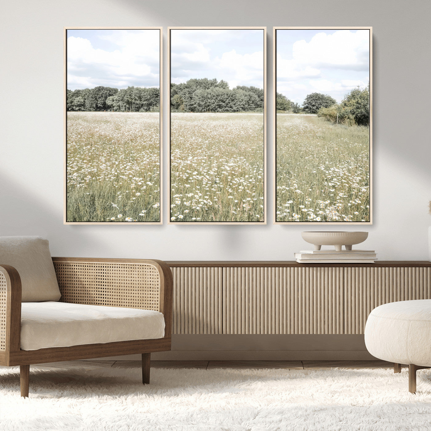 MGV-FC-48X32-3P - Charming Daisy Field Wall Art Canvas Print, Framed Pastel Flower Art Picture Print, Meadow Bloom Perfect Scandinavian Minimalist Decor Artwork