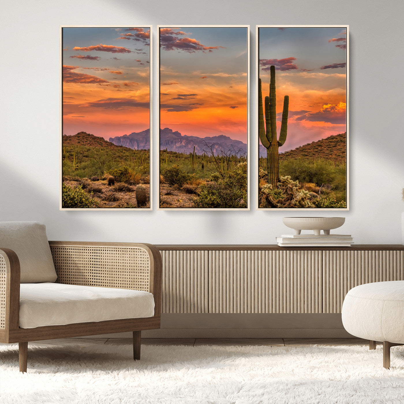 MGV-FC-48X32-3P - Saguaro Cactus Wall Art Canvas Print, Framed Arizona Sunset Art Picture Print, Sonoran Desert Perfect Southwestern Boho Decor Artwork