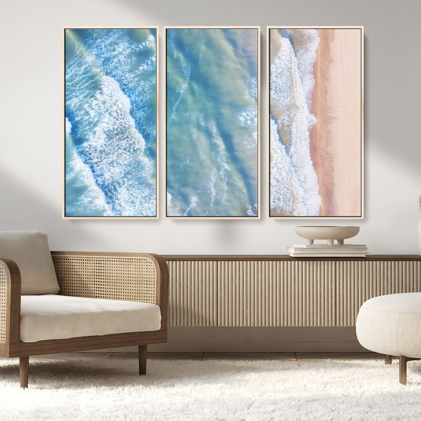 MGV-FC-48X32-3P - Aerial Ocean View Wall Art Canvas Print, Framed Soft Blue Waves Art Picture Print, Sandy Shoreline Perfect Modern Coastal Decor Artwork
