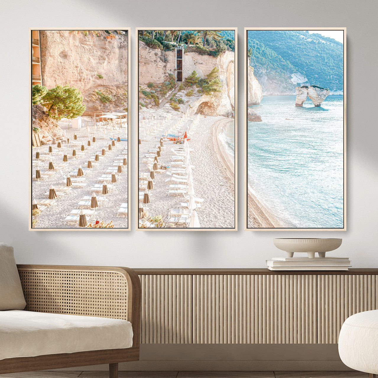 84816639-MGV-CV-36X24 - Sunny Beach Wall Art – Chairs & Umbrellas Canvas Print, Clear Water, Rocky Cliffs, Coastal Calm for Living Room or Vacation Home Decor