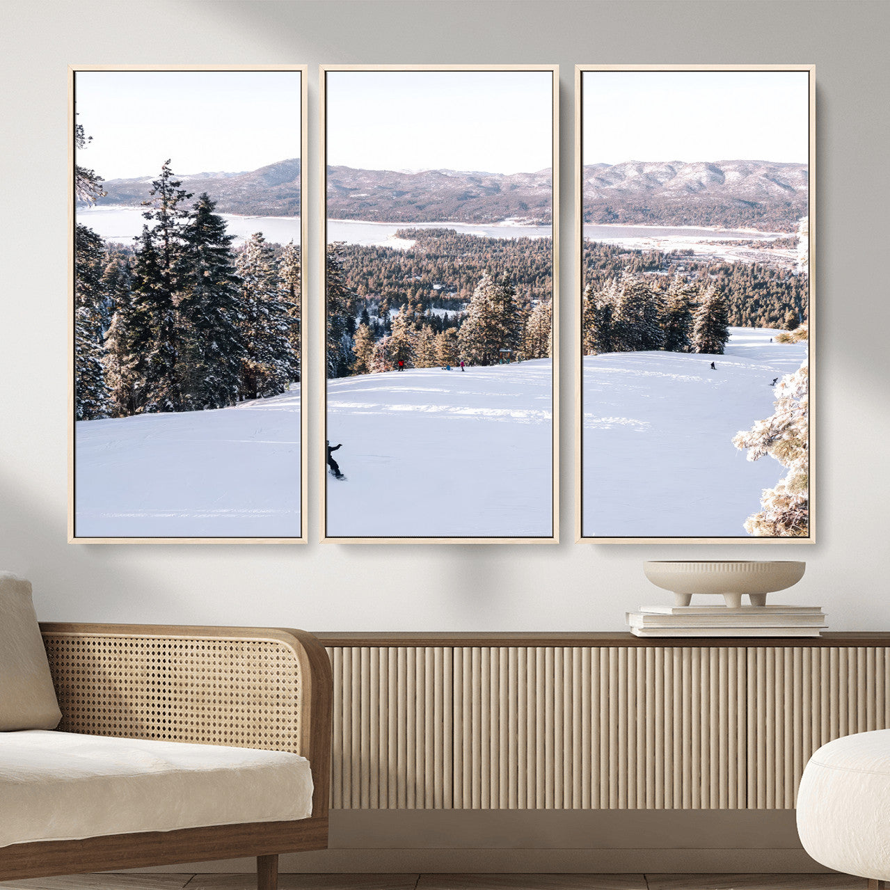 79857868-MGV-CV-36X24 - Snowboarder Wall Art – Winter Slope Canvas Print, Pine Forest, Snow-Covered Mountains, Outdoor Adventure for Living Room or Cabin Decor