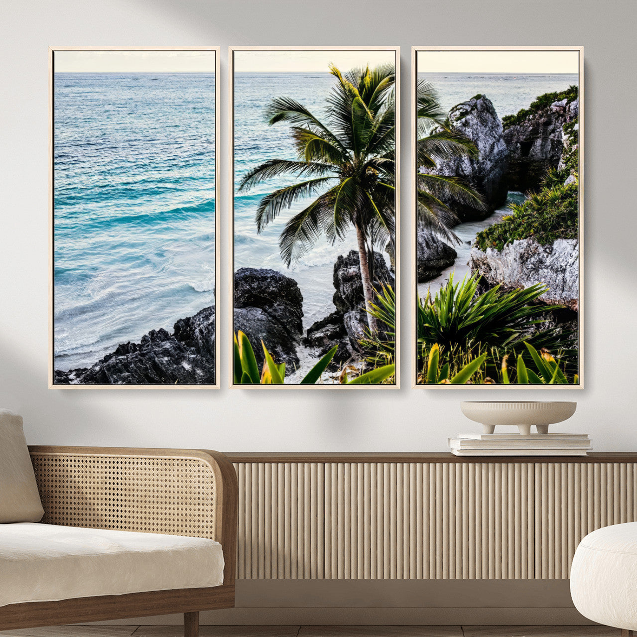 94669907-MGV-CV-36X24 - Tropical Palm Wall Art – Coastal Rocks Canvas Print, Ocean Breeze, Sandy Shore, Vibrant Green Foliage for Living Room or Beach House Decor