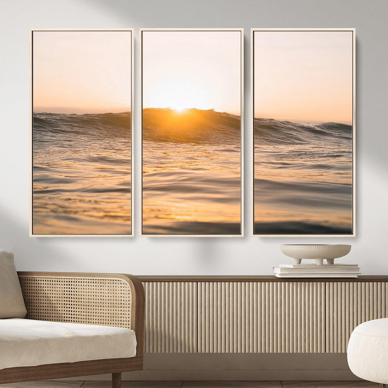 16973771-MGV-FC-48X32-3P_Natural-Calm Water Wall Art – Framed Sunset Waves Canvas Artwork, Coastal Warm Design, Minimal Ocean Decor for Home, Office