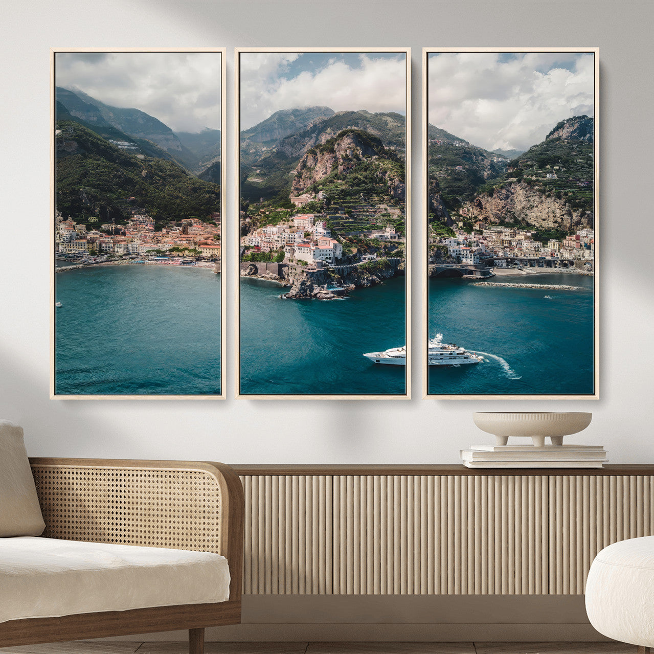 20321590-MGV-FC-48X32-3P_Natural-Amalfi Coast Wall Art – Framed Italian Seaside Canvas Artwork, Mediterranean Landscape Design, Coastal Decor for Home, Office