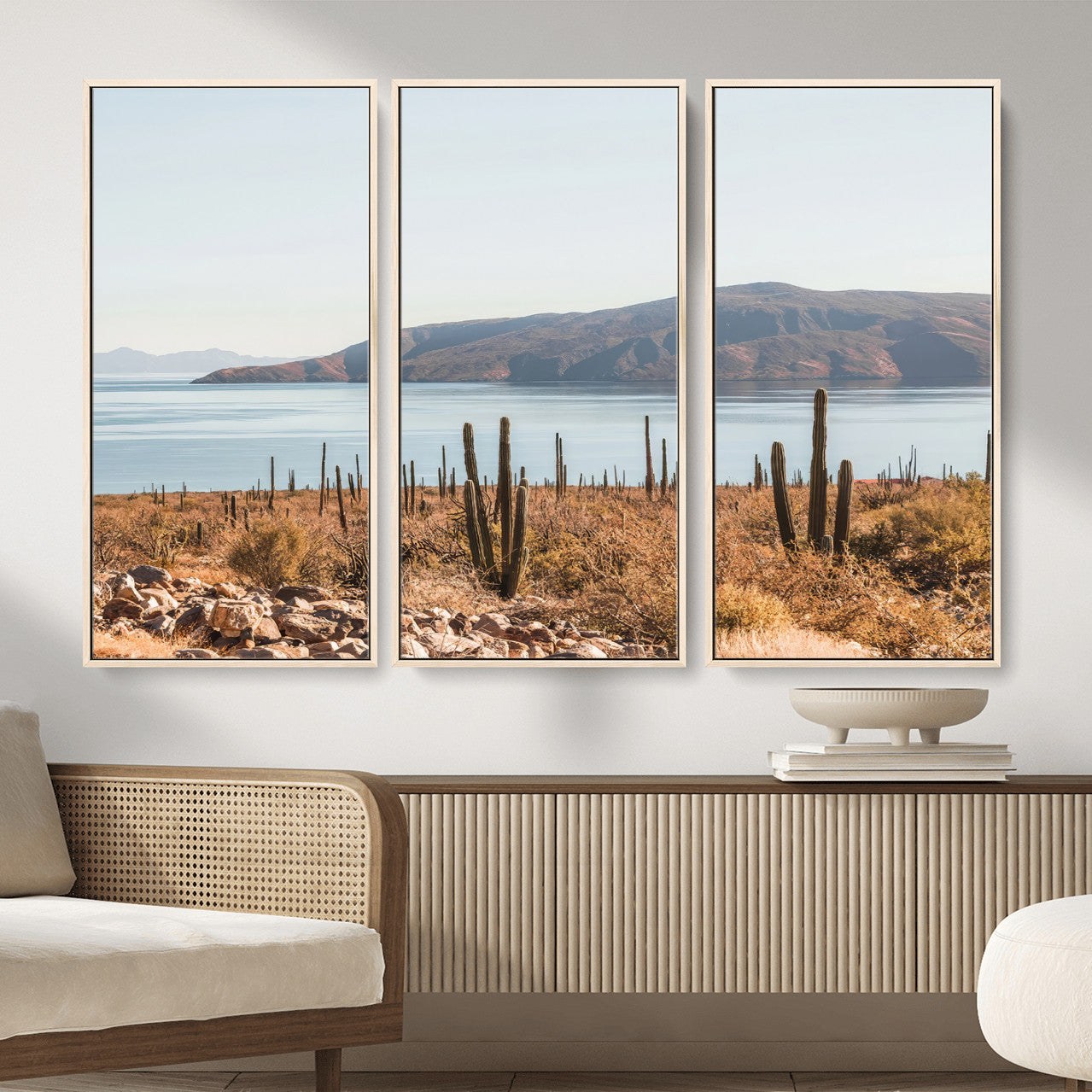 MGV-FC-48X32-3P - Desert Cactus Wall Art Canvas Print, Framed Baja Coastline Art Picture Print, Coastal Desert Perfect Southwestern Minimalist Decor Artwork