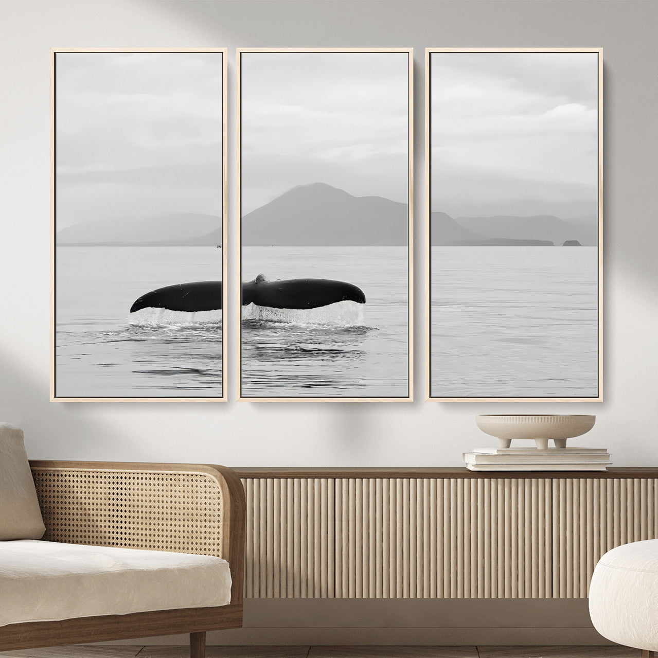 MGV-FC-48X32-3P - Whale Tail Wall Art Canvas Print, Framed Black White Ocean Art Picture Print, Calm Marine Perfect Minimalist Coastal Decor Artwork