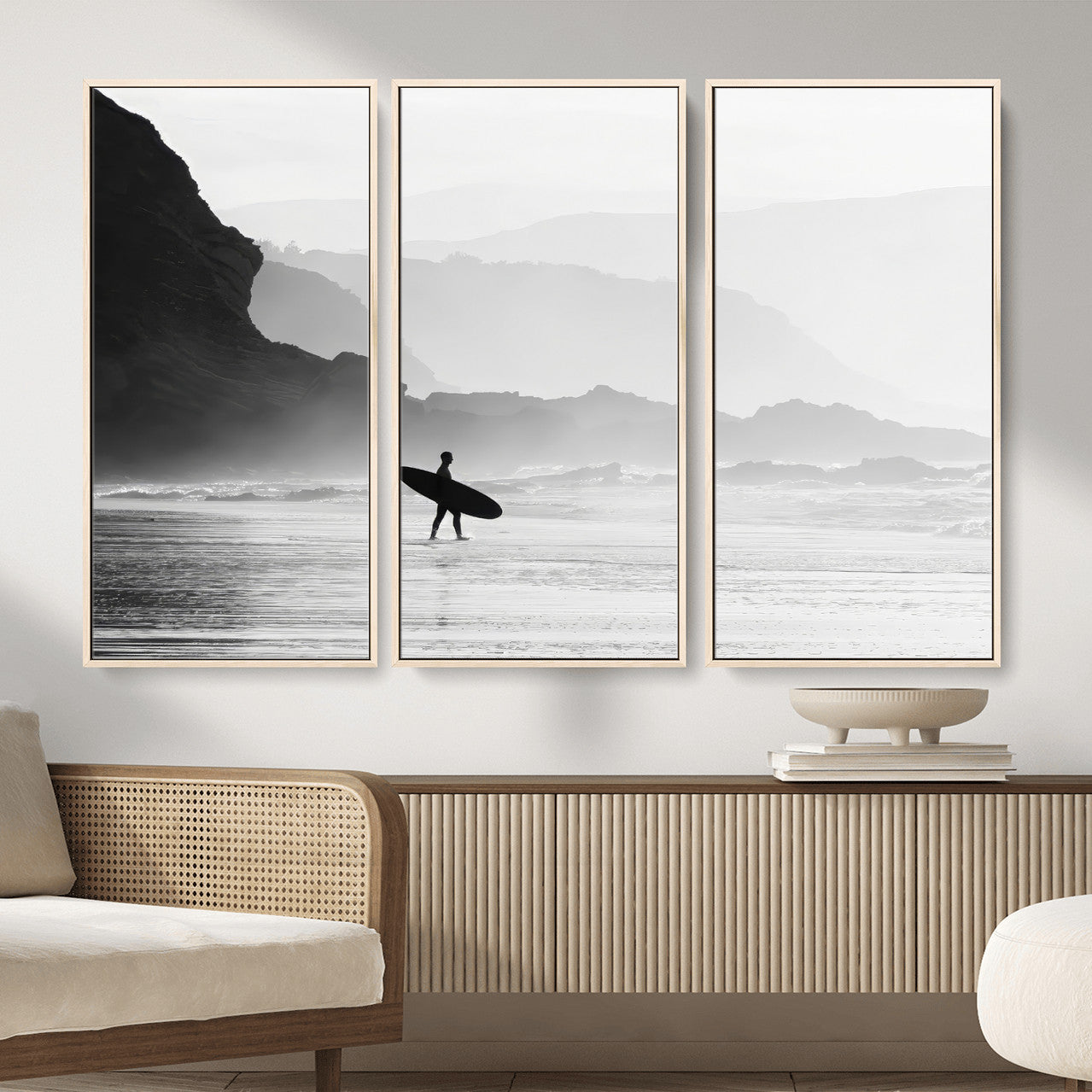 MGV-FC-48X32-3P - Surfer In Fog Wall Art Canvas Print, Framed Moody Shoreline Art Picture Print, Cliffside Waves Perfect Minimalist Coastal Decor Artwork