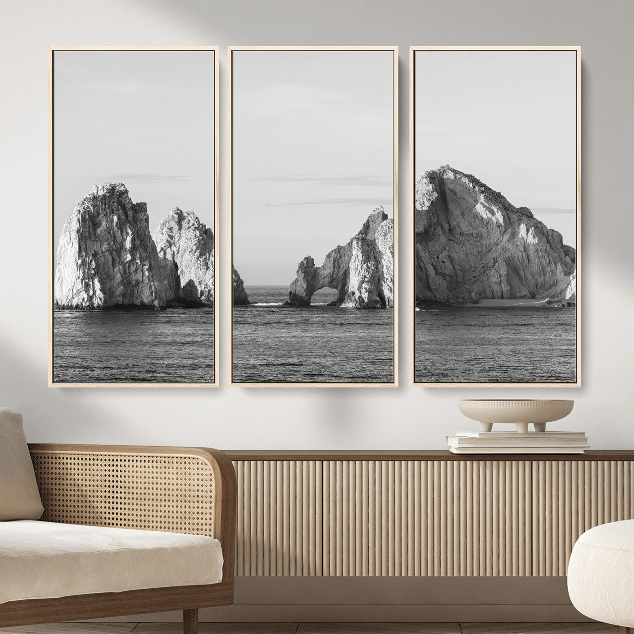 MGV-FC-48X32-3P - Rugged Coastline Wall Art Canvas Print, Framed Ocean Cliffs Art Picture Print, Monochrome Seascape Perfect Coastal Minimalist Decor Artwork