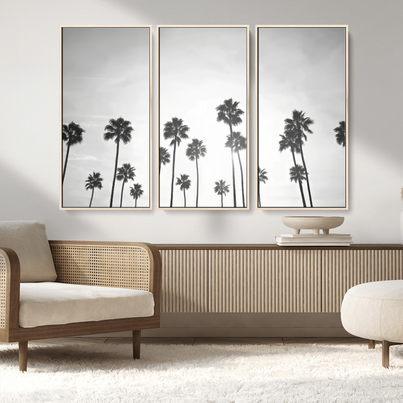 62298277-MGV-FC-48X32-3P_Natural-Monochrome Palms Wall Art Canvas Print – Framed Minimalist Silhouetted Trees Artwork for Home, Office, Living Room