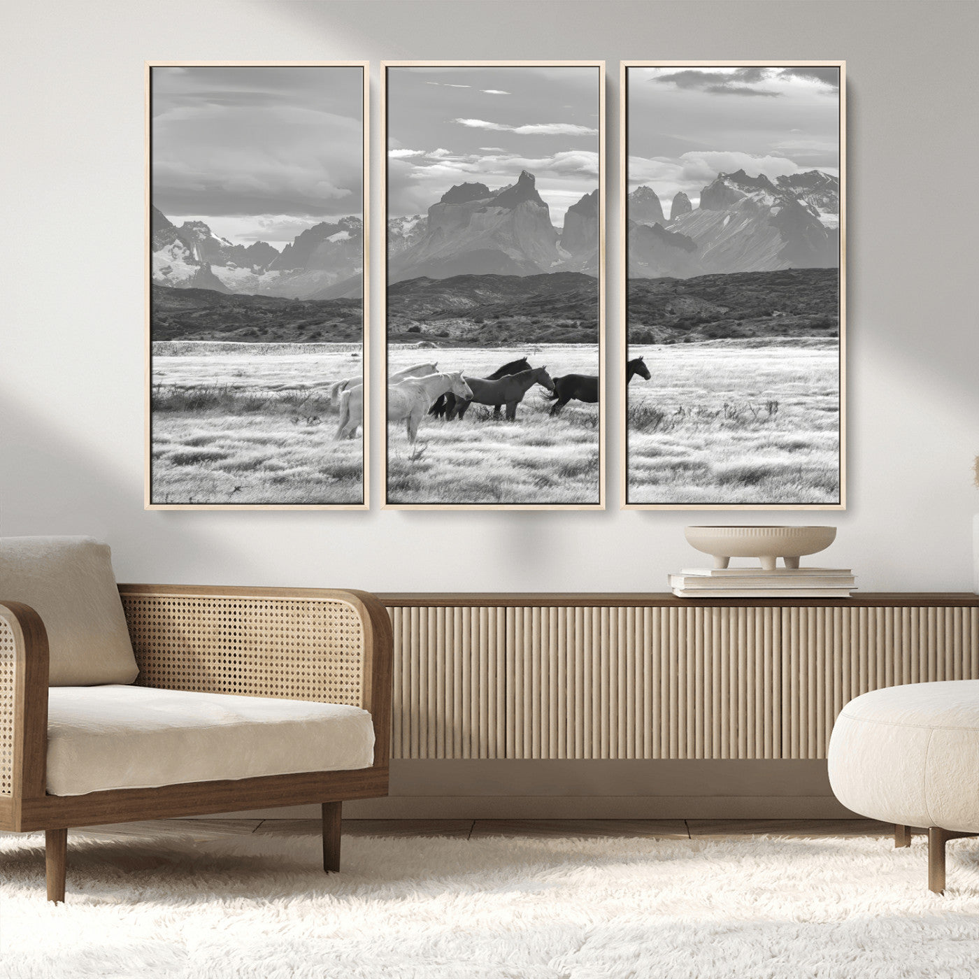 MGV-FC-48X32-3P - Wild Horses Wall Art Canvas Print, Framed Black White Mountains Art Picture Print, Rustic Countryside Perfect Rustic Western Decor Artwork