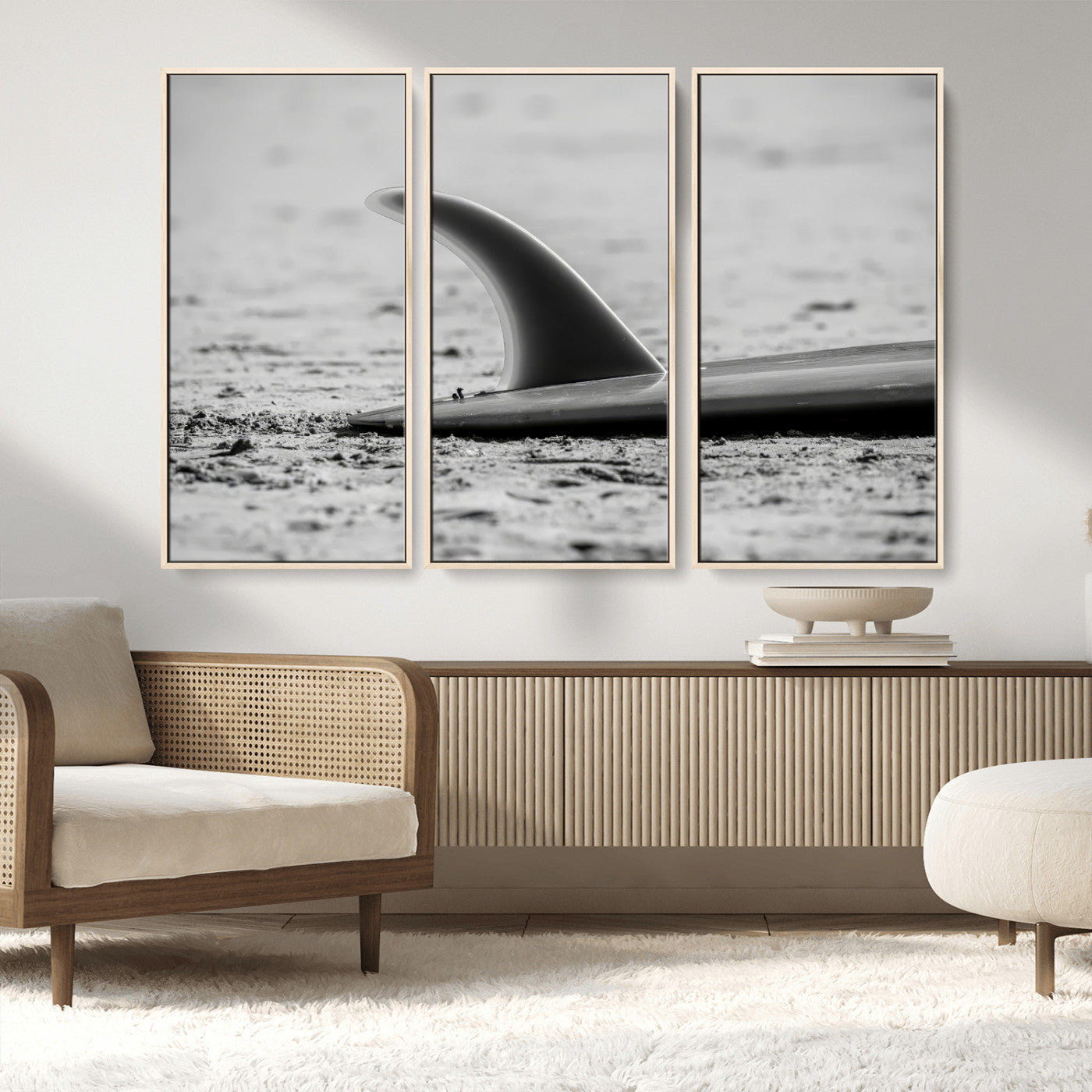 MGV-FC-48X32-3P - Black White Surfboard Wall Art Canvas Print, Framed Minimalist Beach Art Picture Print, Surf Fin Perfect Minimalist Coastal Decor Artwork