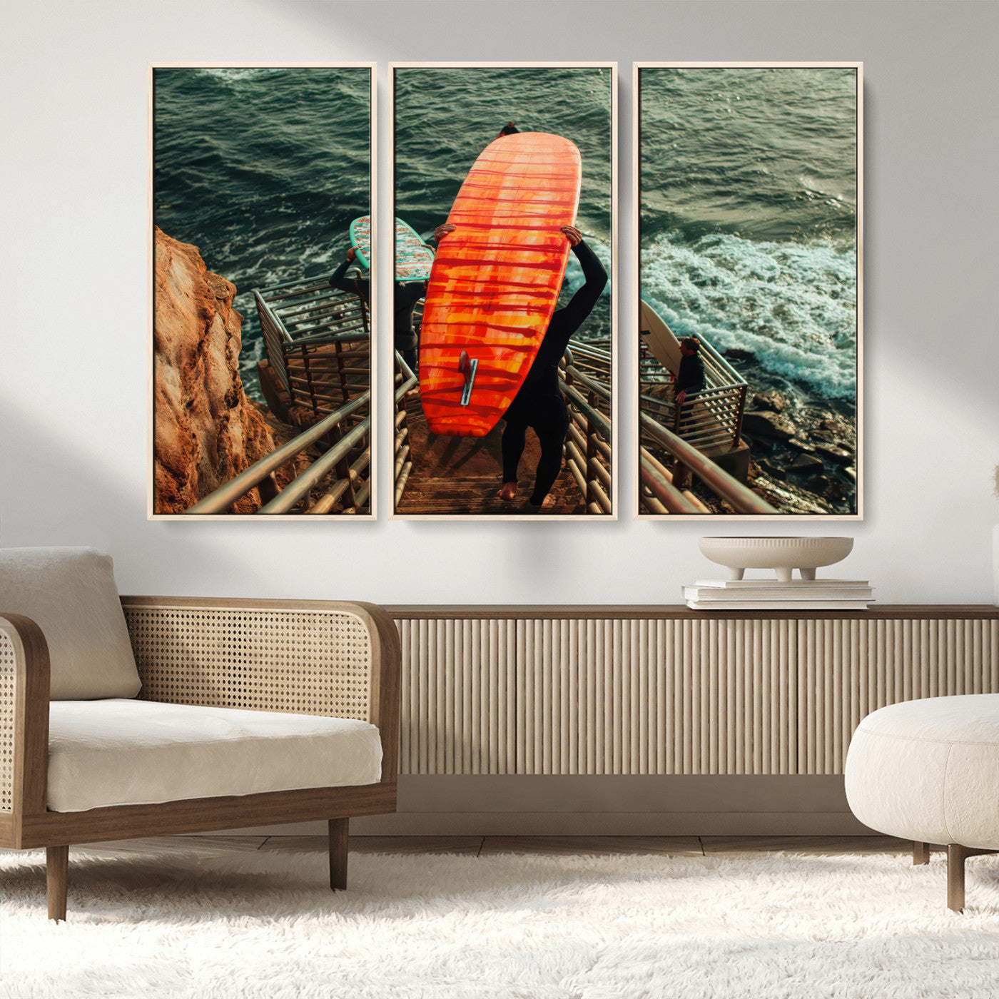MGV-FC-48X32-3P - Surfer Stairway Wall Art Canvas Print, Framed Ocean Surf Art Picture Print, Sunset Coastal Perfect Coastal Adventure Decor Artwork