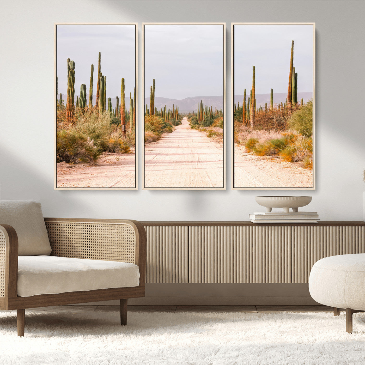 MGV-FC-48X32-3P - Desert Cactus Lined Road Wall Art Canvas Print, Framed Southwestern Landscape Art Picture Print, Bohemian Western Aesthetic Perfect Southwestern Boho Decor Artwork