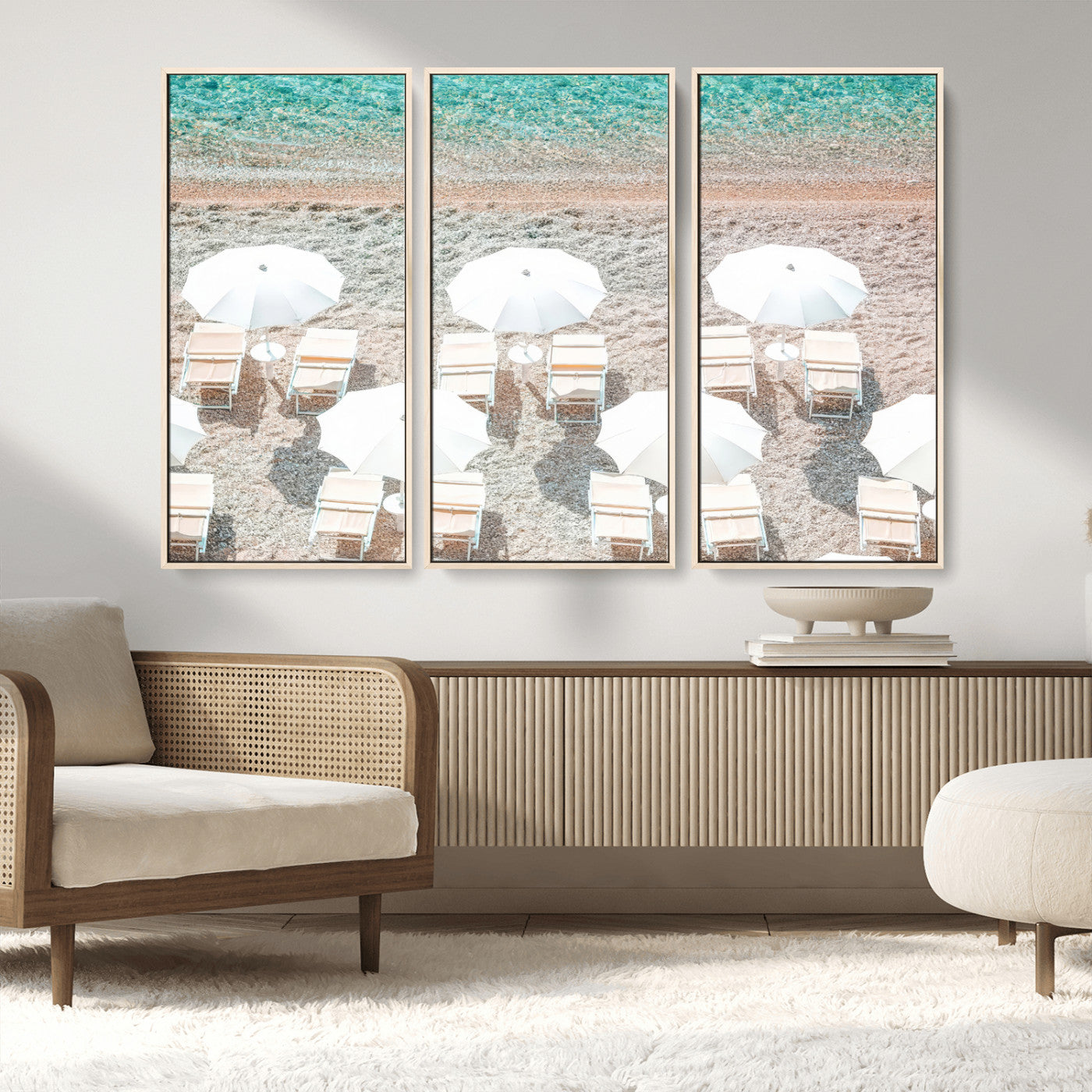 MGV-FC-48X32-3P - Calm Beach Wall Art Canvas Print, Framed Turquoise Water Art Picture Print, Umbrella Shoreline Perfect Coastal Minimalist Decor Artwork