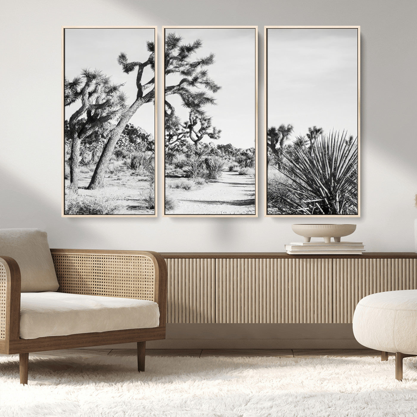 MGV-FC-48X32-3P - Joshua Tree Wall Art Canvas Print, Framed Desert Path Art Picture Print, Monochrome Desert Perfect Minimalist Desert Decor Artwork