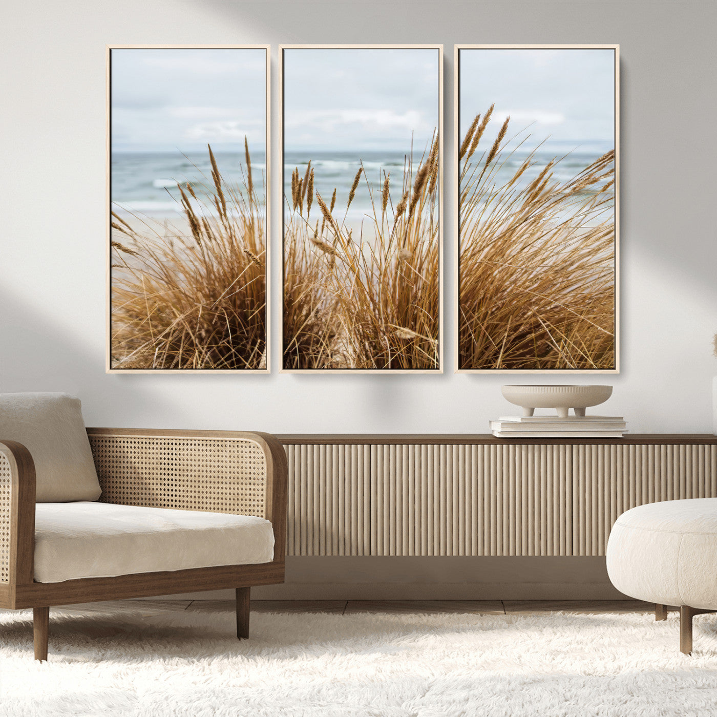 MGV-FC-48X32-3P - Beach Grass Wall Art Canvas Print, Framed Coastal Dunes Art Picture Print, Dune Grass Perfect Coastal Minimalist Decor Artwork