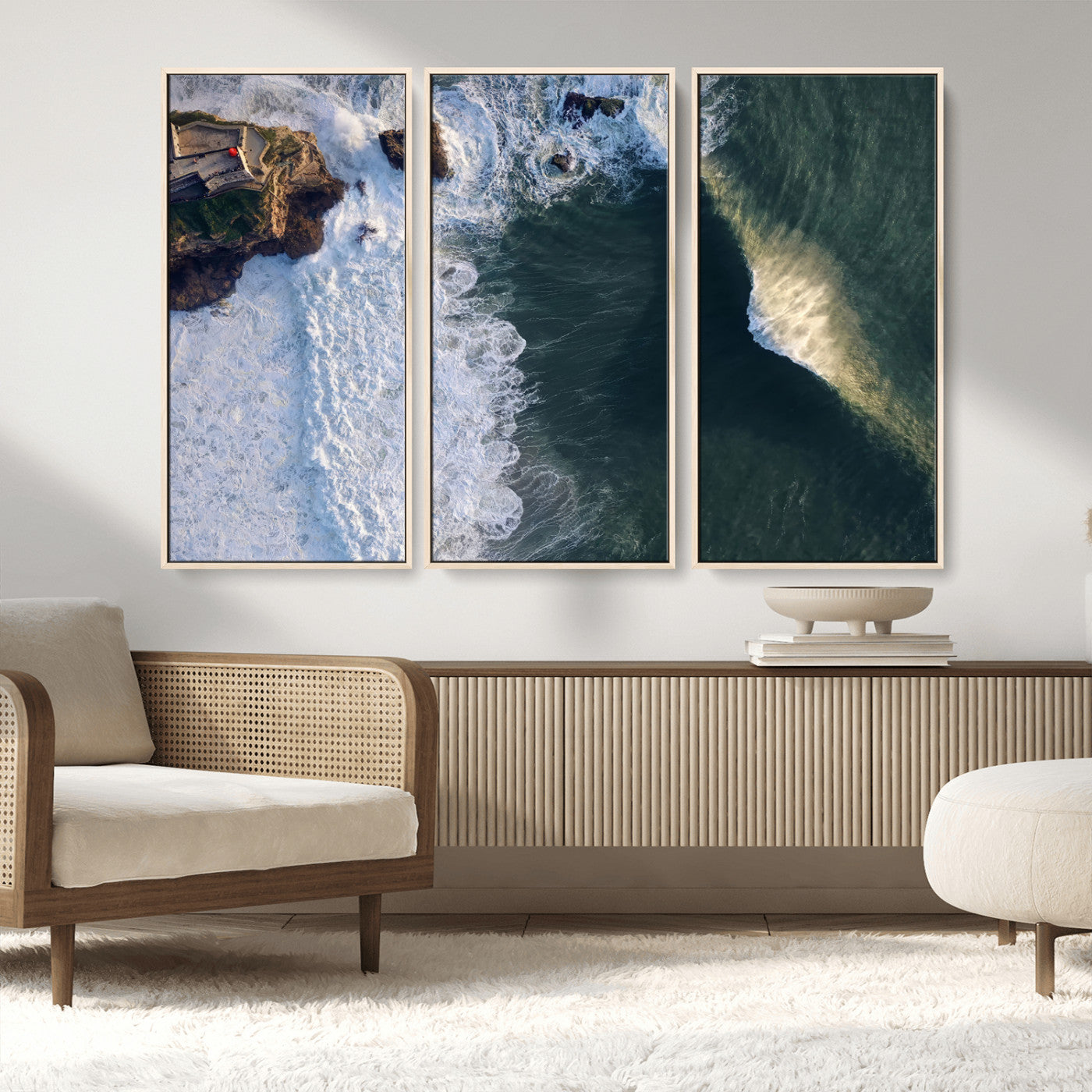 MGV-FC-48X32-3P - Nazaré Coast Wall Art Canvas Print, Framed Aerial Ocean Art Picture Print, Coastal Fortress Perfect Dramatic Coastal Decor Artwork