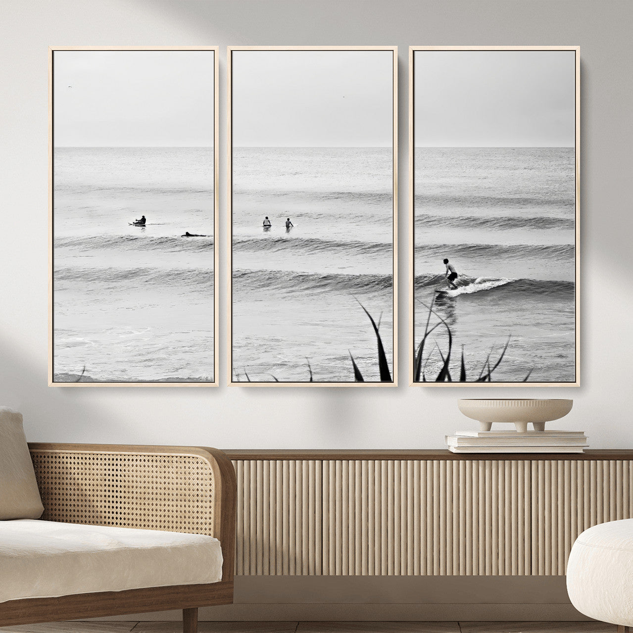 33821421-MGV-CV-36X24 - Surfer Silhouette Wall Art Canvas Print, Framed Calm Ocean Art Picture Print, Monochrome Surf Minimalist Coastal Decor Artwor