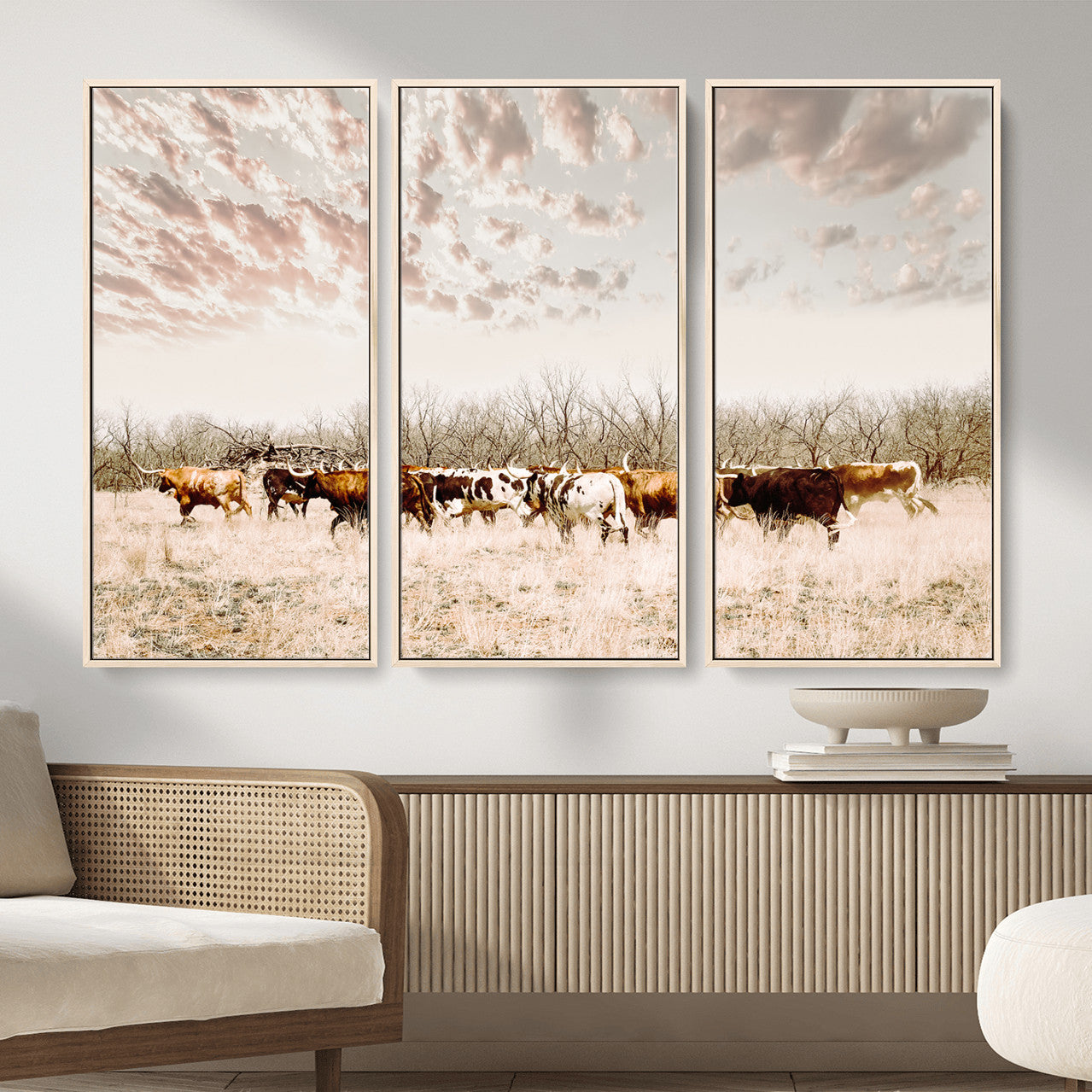 64892775-MGV-CV-36X24 - Longhorn Cattle Wall Art Canvas Print, Framed Texas Ranch Art Picture Print, Western Cow Perfect Western Decor Artwork