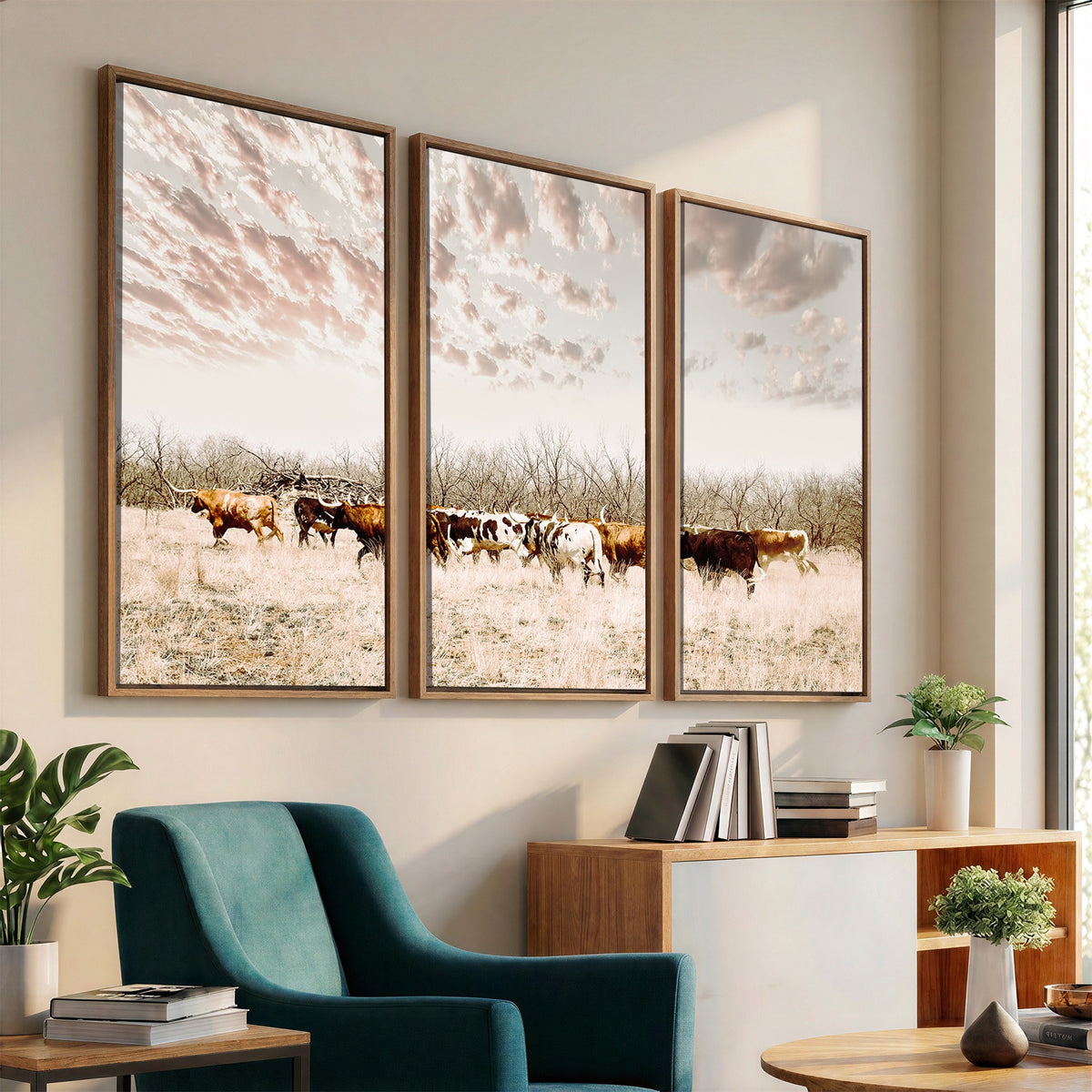 64892775-MGV-CV-24X16 - Longhorn Cattle Wall Art Canvas Print, Framed Texas Ranch Art, Western Cow Print, Prairie Landscape Decor