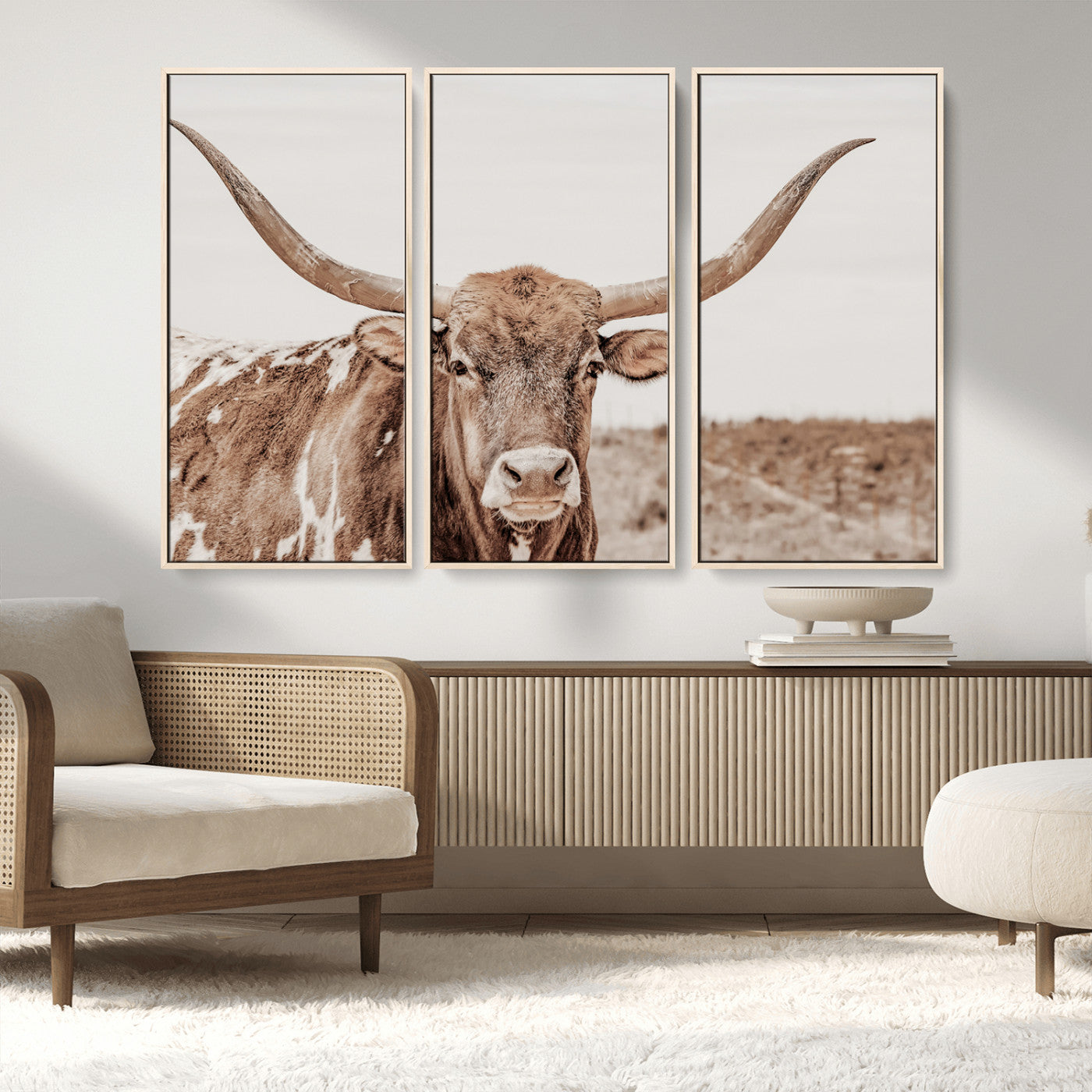 MGV-FC-48X32-3P - Longhorn Cow Wall Art Canvas Print, Framed Texas Ranch Art Picture Print, Western Bull Perfect County Decor Artwork