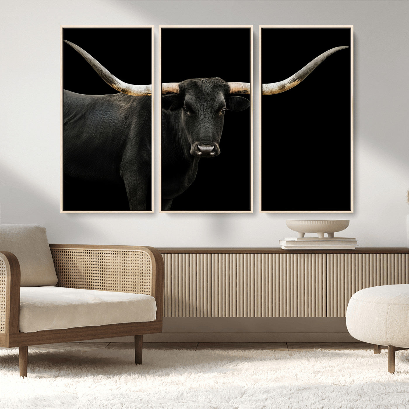 MGV-FC-48X32-3P - Longhorn Cattle Wall Art Canvas Print, Framed Texas Ranch Art Picture Print, Western Cow Perfect Farmhouse Decor Artwork