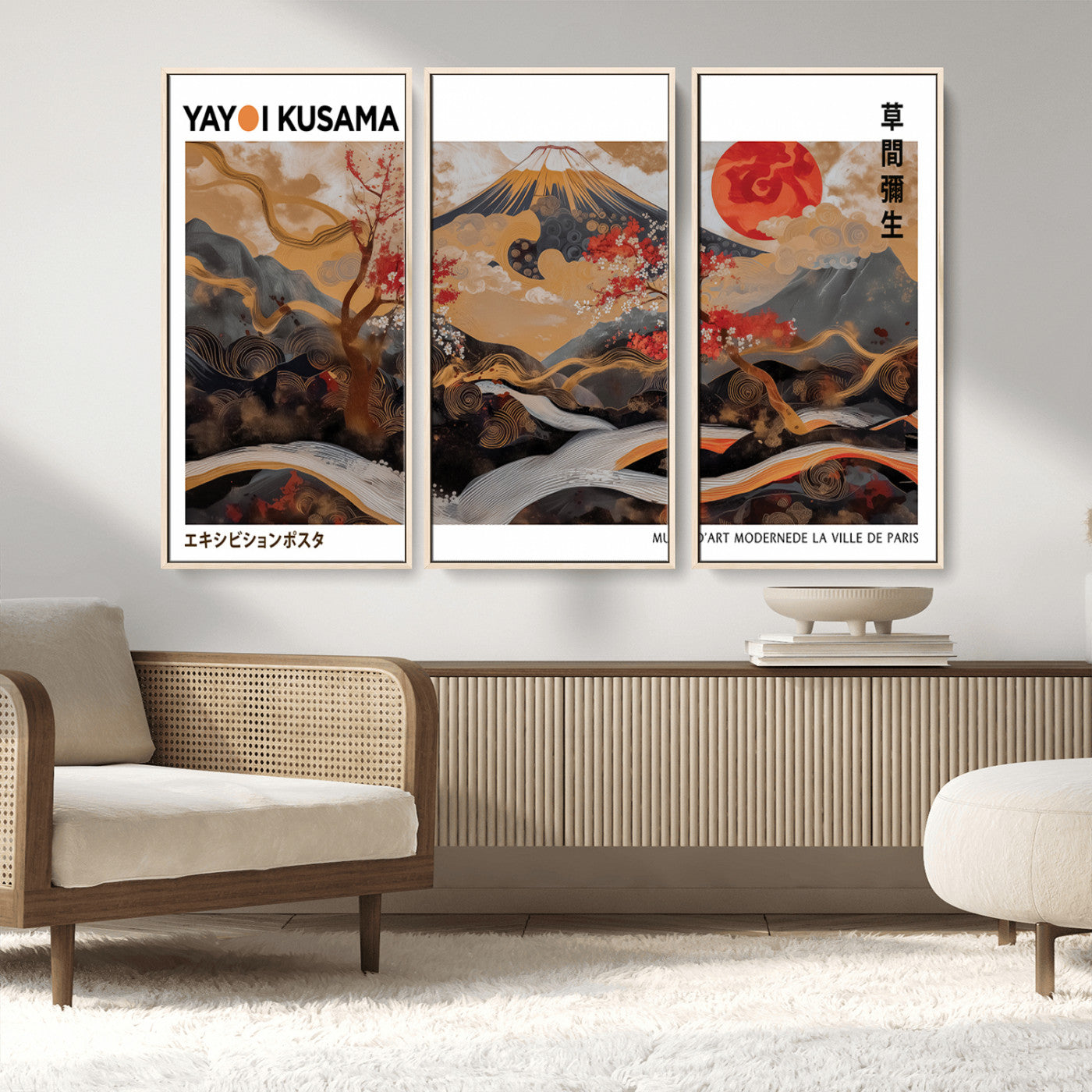MGV-FC-48X32-3P - Modern Japanese Wall Art Print Yayoi Kusama Canvas Wall Art Abstract Mount Fuji Canvas Print
