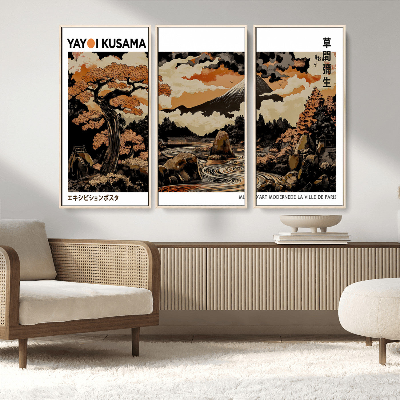 MGV-FC-48X32-3P - Modern Japanese Wall Art Print Yayoi Kusama Canvas Wall Art Abstract Mount Fuji Canvas Print