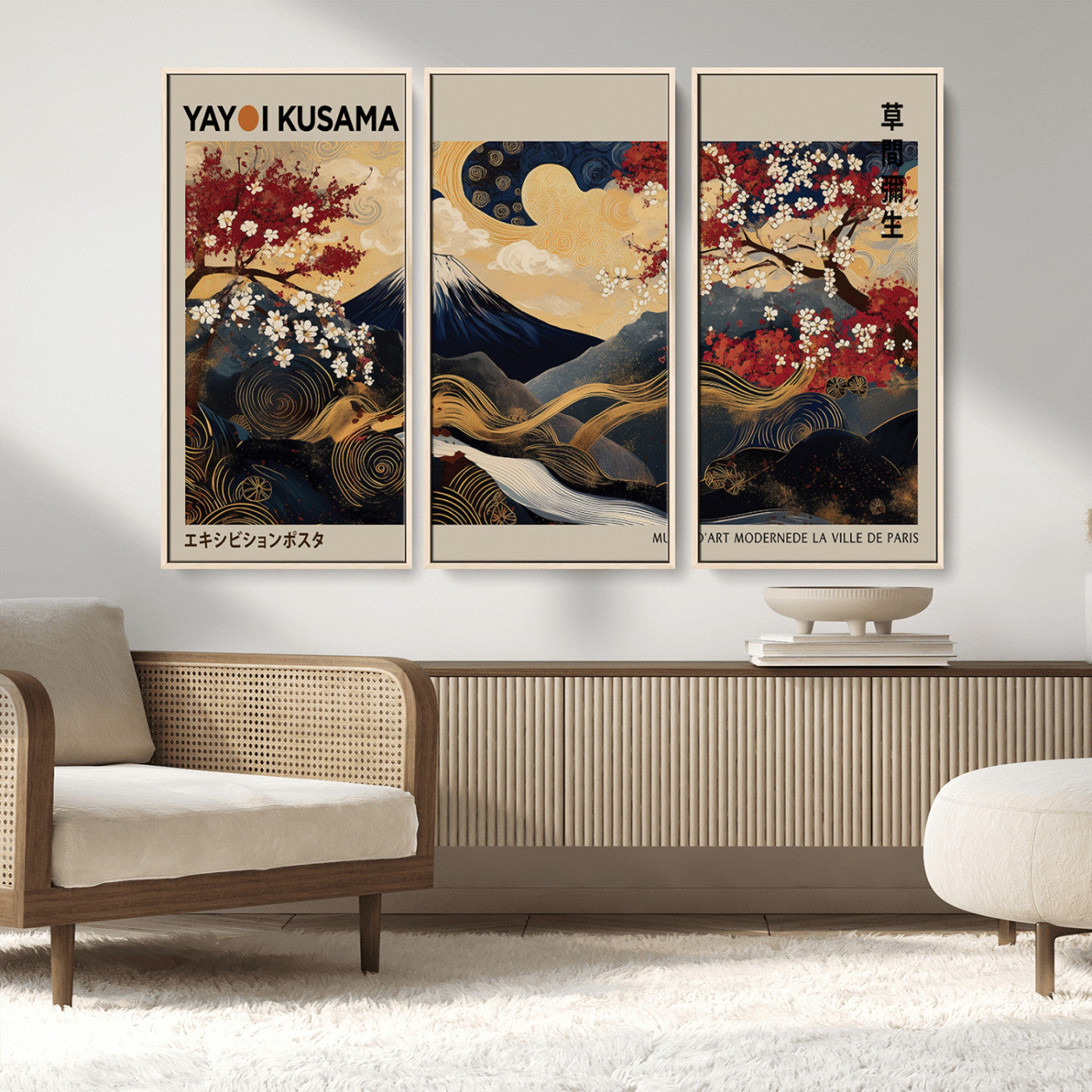 MGV-FC-48X32-3P - Modern Japanese Wall Art, Yayoi Kusama Japanese Print Wall Art, Abstract Mount Fuji Canvas Print,