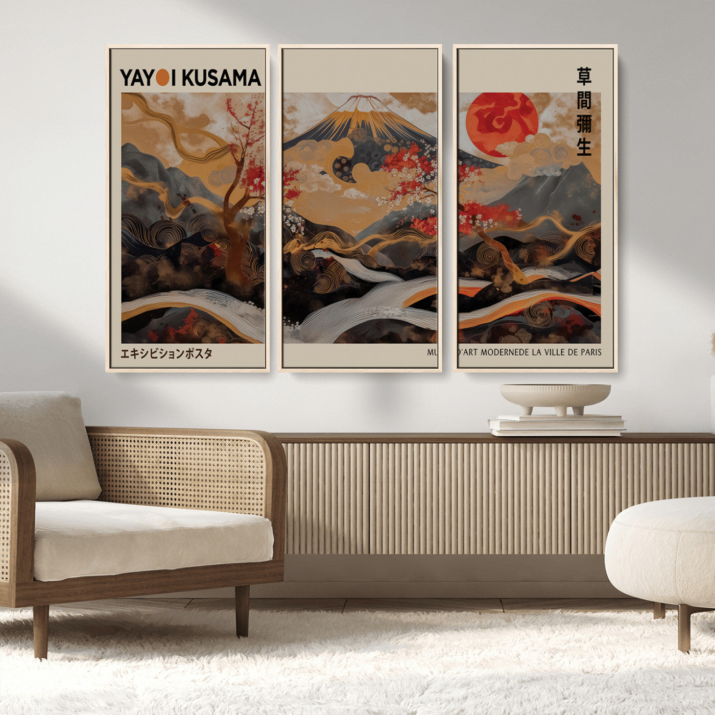MGV-FC-48X32-3P - Modern Japanese Wall Art Print Yayoi Kusama Canvas Wall Art Abstract Mount Fuji Canvas Print
