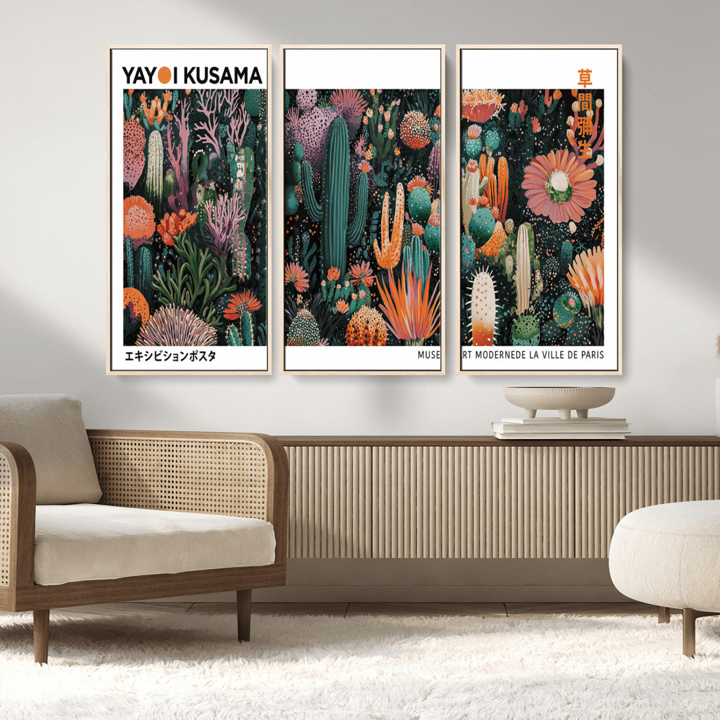 MGV-FC-48X32-3P - Modern Japanese Wall Art Print, Yayoi Kusama Print Wall Decor, Abstract Mount Fuji Canvas Print,