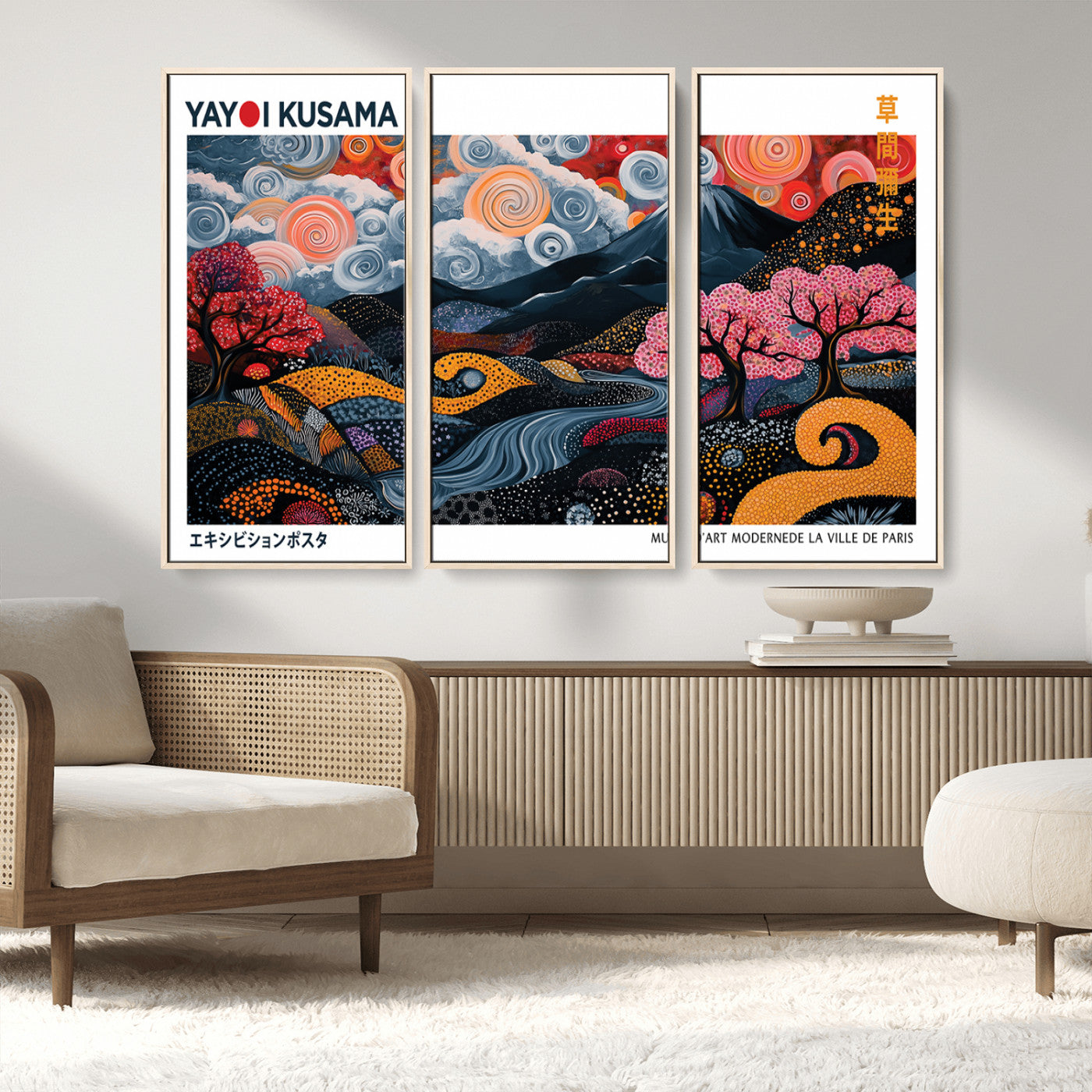MGV-FC-48X32-3P - Modern Japanese Wall Art Print Yayoi Kusama Canvas Wall Art Abstract Mount Fuji Canvas Print