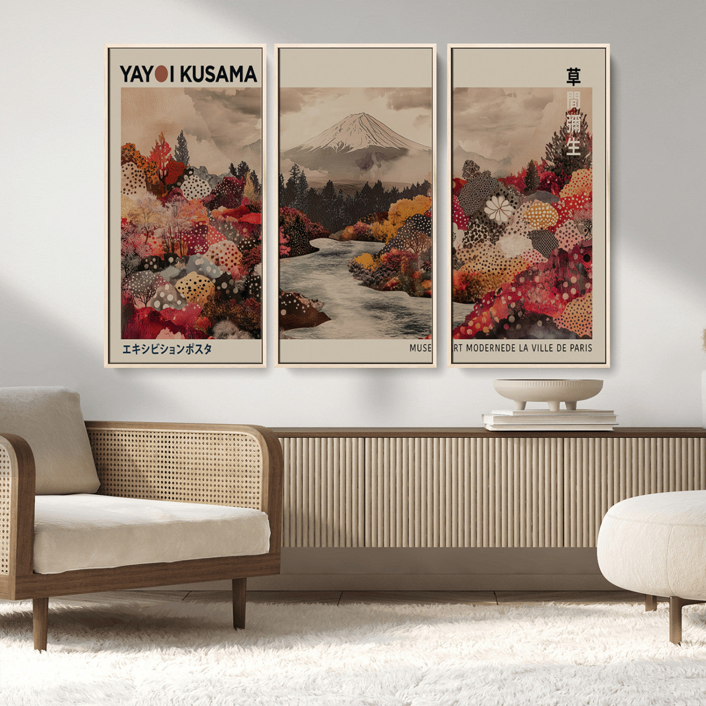MGV-FC-48X32-3P - Modern Japanese Wall Art Print Yayoi Kusama Canvas Wall Art Abstract Mount Fuji Canvas Print