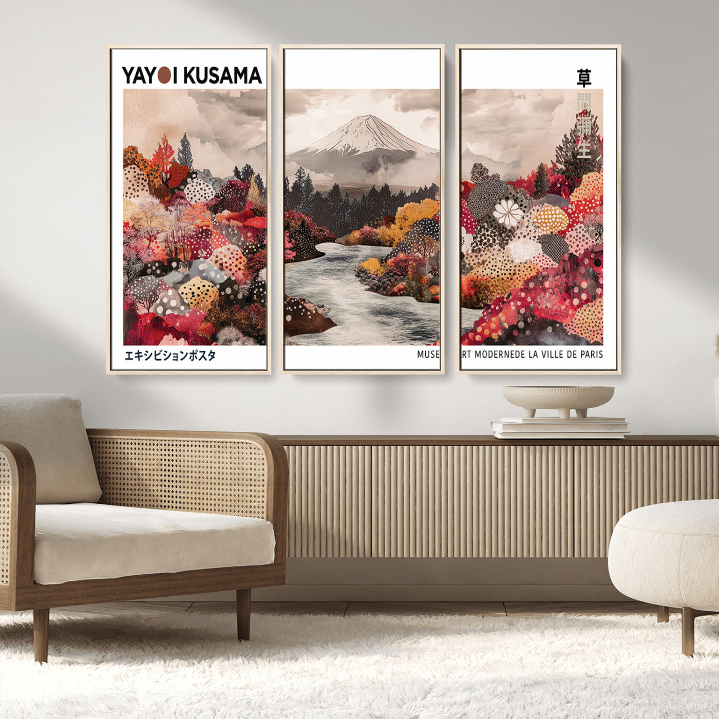 MGV-FC-48X32-3P - Modern Japanese Wall Art Print, Yayoi Kusama Canvas Wall Art, Abstract Mount Fuji Art Canvas Print,