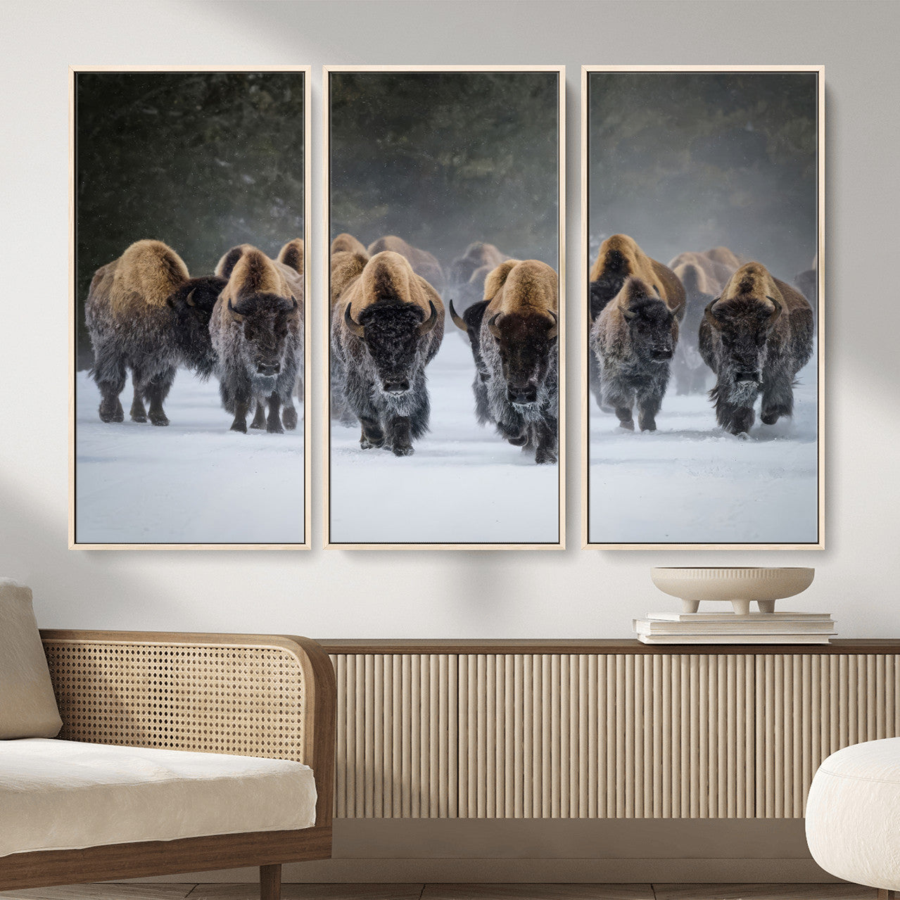 41669135-MGV-CV-36X24 - Winter Bison Herd Wall Art – Majestic Buffalo Charge Canvas Print with Snow Covered Plains, Rustic Wildlife Strength and Untamed Nature Decor for Home and Office