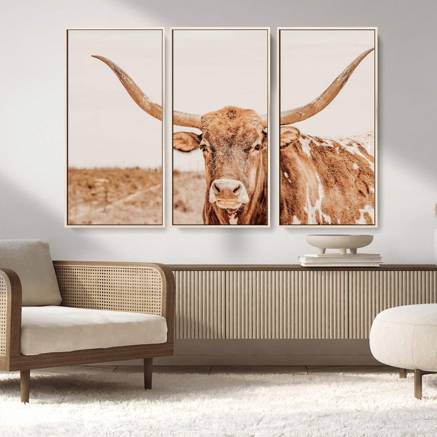 MGV-FC-48X32-3P - Longhorn Bull Wall Art Canvas Print, Framed Western Cow Art Picture Print, Rustic Farmhouse Perfect Neutral Farmhouse Decor Artwork