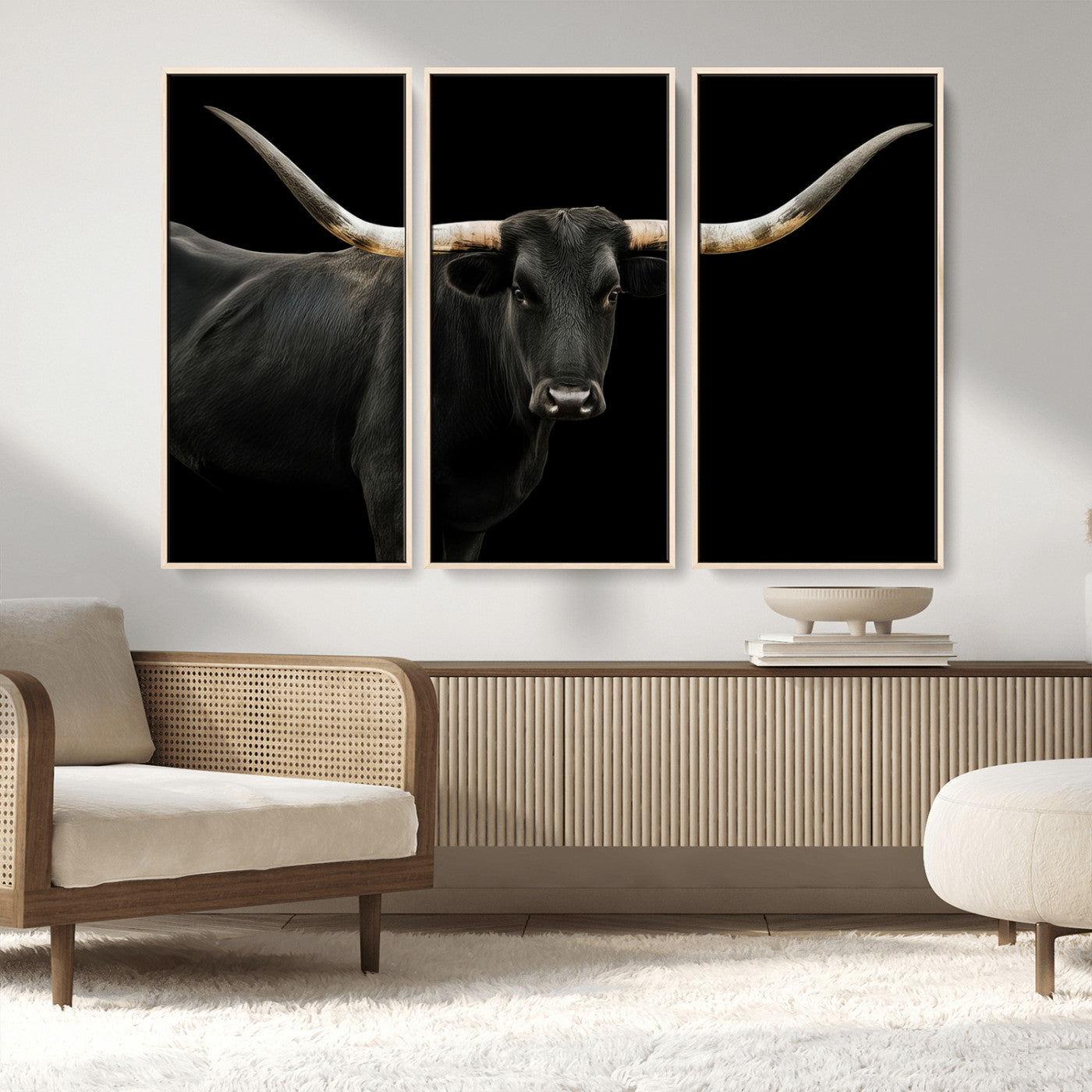 MGV-FC-48X32-3P - Texas Longhorn Wall Art Canvas Print, Framed Rustic Western Art Picture Print, Farmhouse Animal Perfect Modern Western Minimalist Decor Artwork